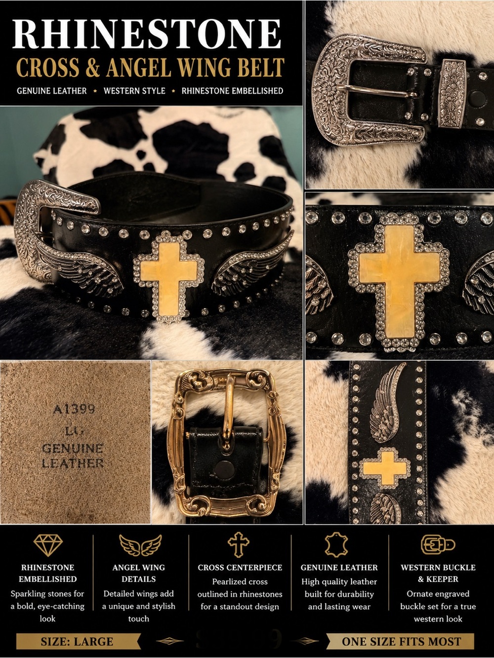 Rhinestone Cross & Angel Wing Genuine Leather Belt - Black with Gold Cross